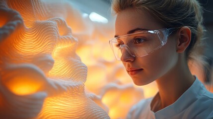 Textile researcher examining holographic fabric structure at microscopic level