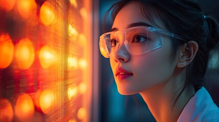 Textile researcher examining holographic fabric structure at microscopic level