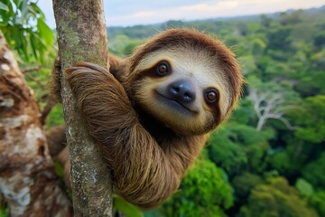 Fototapeta premium Smiling sloth hanging on a tree branch in the rainforest