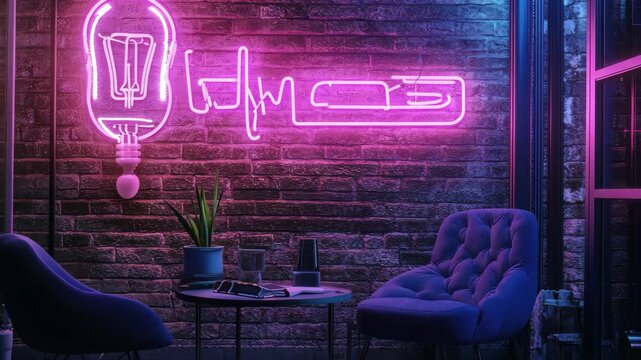 Business talkshow neon text illuminating a cozy studio space in the evening, Business Talkshow Neon Text