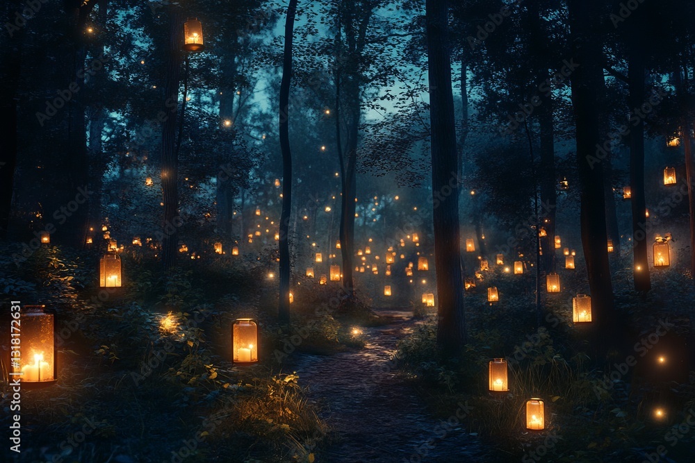 Poster a serene night scene in a forest filled with glowing lanterns, casting a soft light on the path, cre