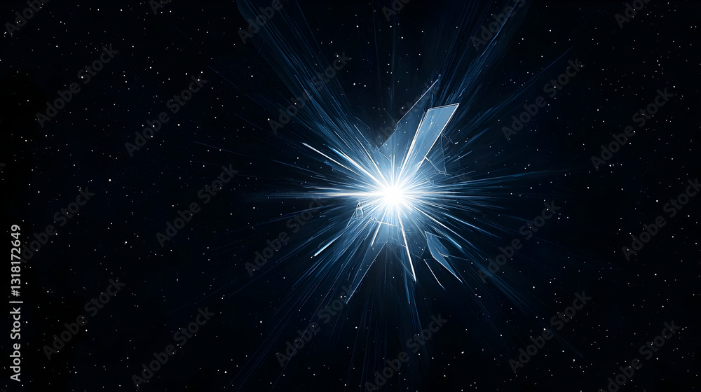 Poster abstract blue energy explosion with light flare and particle motion in dark space background