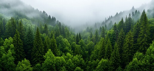 Misty mountain forest valley view with dense green trees for background usage