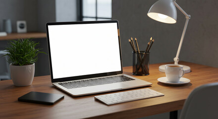 A stylish, modern laptop with a white blank screen, set on a coworking space table with an industrial-style background. The shot is slightly angled for a dynamic and realistic look