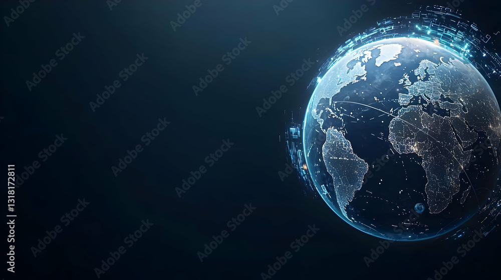 Poster blue digital globe with illuminated nodes against dark background representing global connectivity a