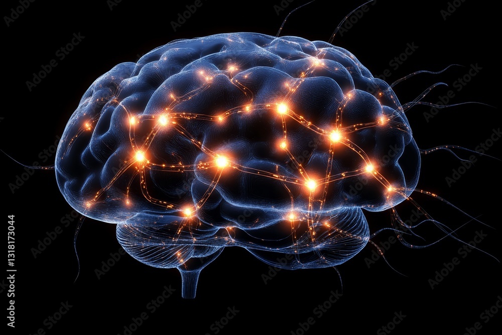 Poster this abstract image depicts a brain composed of glowing connections, representing neural networks an