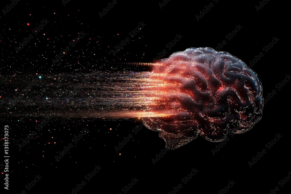 Poster futuristic visualization of brain with light trails and cosmic elements