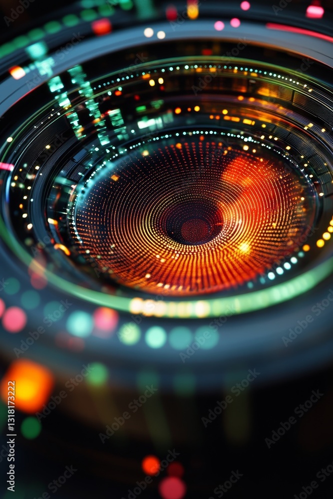 Poster this abstract close-up of a colorful camera lens features intricate light patterns, creating a dynam