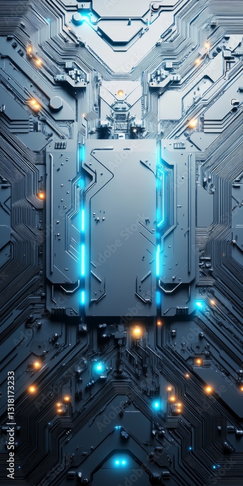 Poster explore a captivating futuristic circuit board design featuring vibrant neon lights and intricate pa
