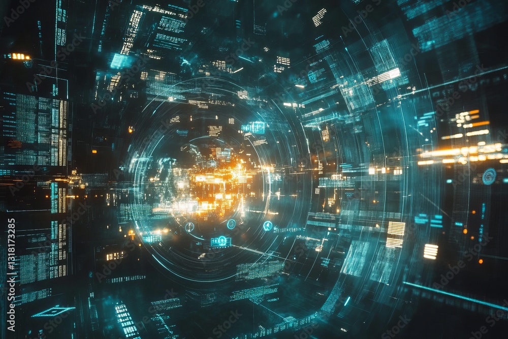 Poster a computer generated image of a city with a blue and yellow light. the light is surrounded by a circ