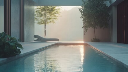 Fototapeta premium Tranquil modern poolside with sunrise view, minimalist architecture, lush greenery, and lounge chair.