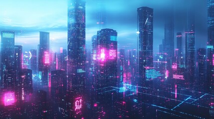 Fototapeta premium Explore a stunning futuristic cityscape with neon lights illuminating towering skyscrapers, showcasing a vibrant interaction of technology and art in an urban environment.
