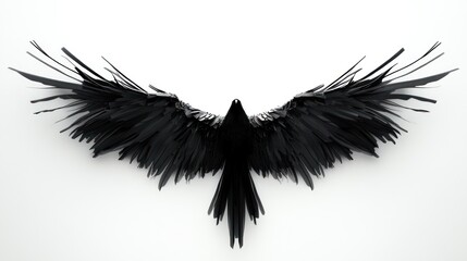 Black bird wings spread, white background, fantasy art, design element