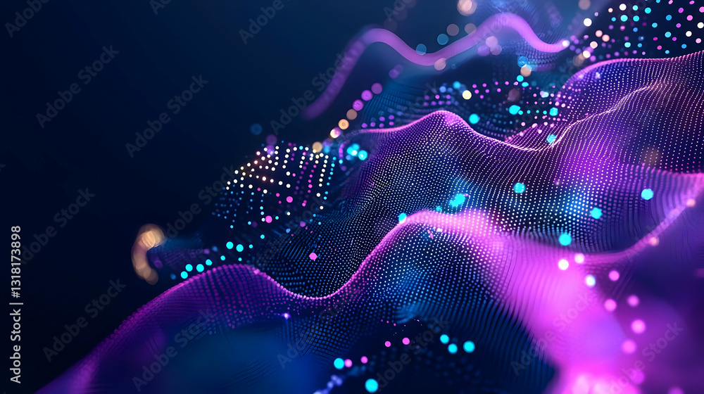 Poster abstract digital wave pattern in blue and purple tones with dynamic light particles