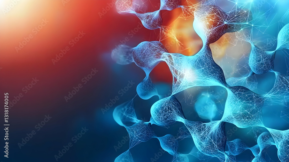 Poster abstract blue and orange glowing particle network structure on a dark background depicting science t