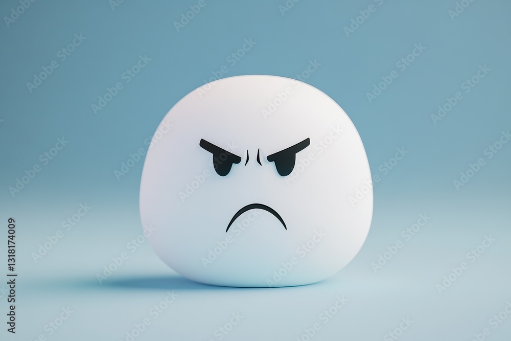 Poster a simple round character with an angry face set against a light blue background. this design showcas