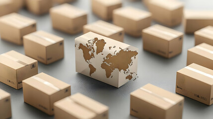 Fototapeta premium Global Shipping Concept Cardboard Boxes With World Map Depicting International Logistics And E-commerce Distribution On Gray Background