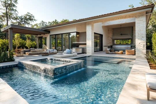 Luxurious modern swimming pool and jacuzzi with waterfall in backyard of house