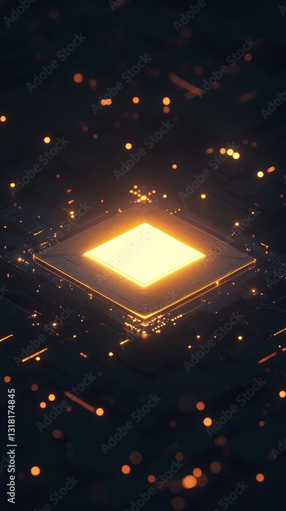 Poster a mesmerizing glowing square element surrounded by sparkling light effects in a dark space. this abs