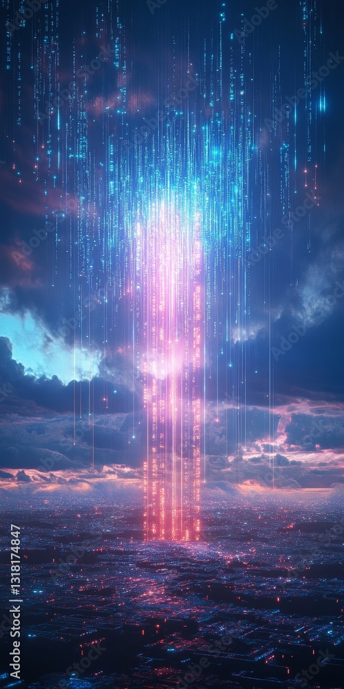 Poster this captivating image showcases a digital skyline featuring vibrant light beams piercing through a 