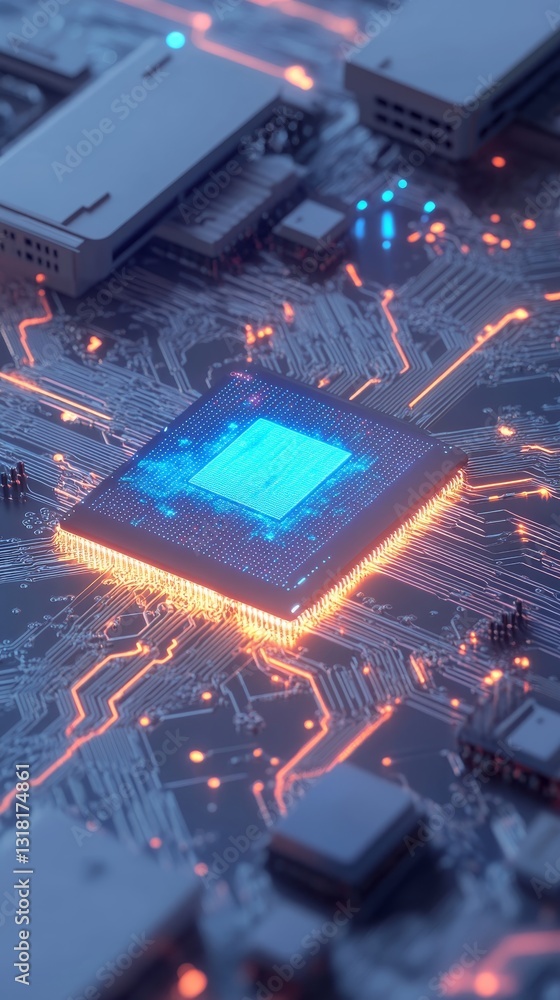 Poster close-up view of microprocessor with circuit board background