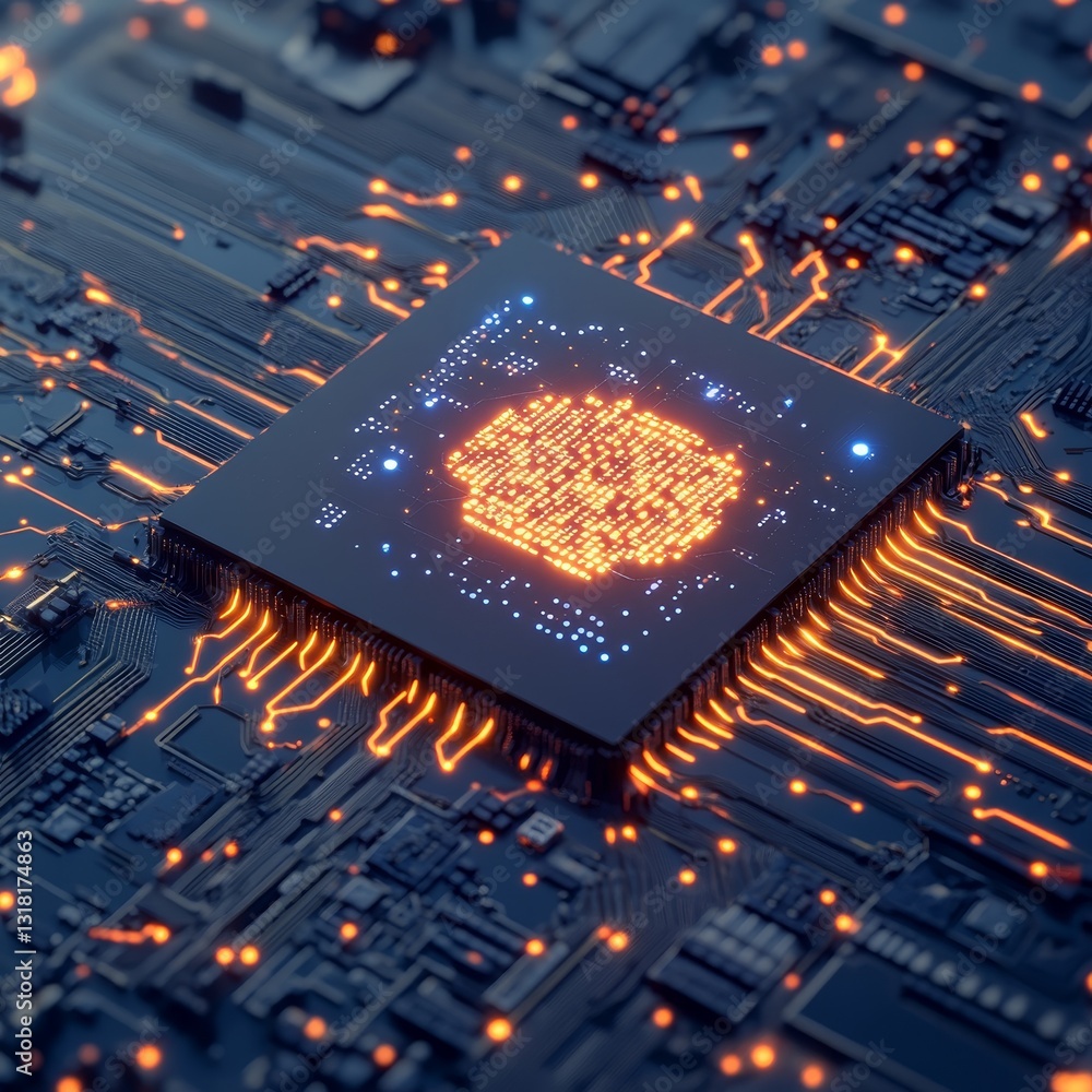 Poster this image showcases a close-up view of a circuit board featuring a processor surrounded by vibrant 