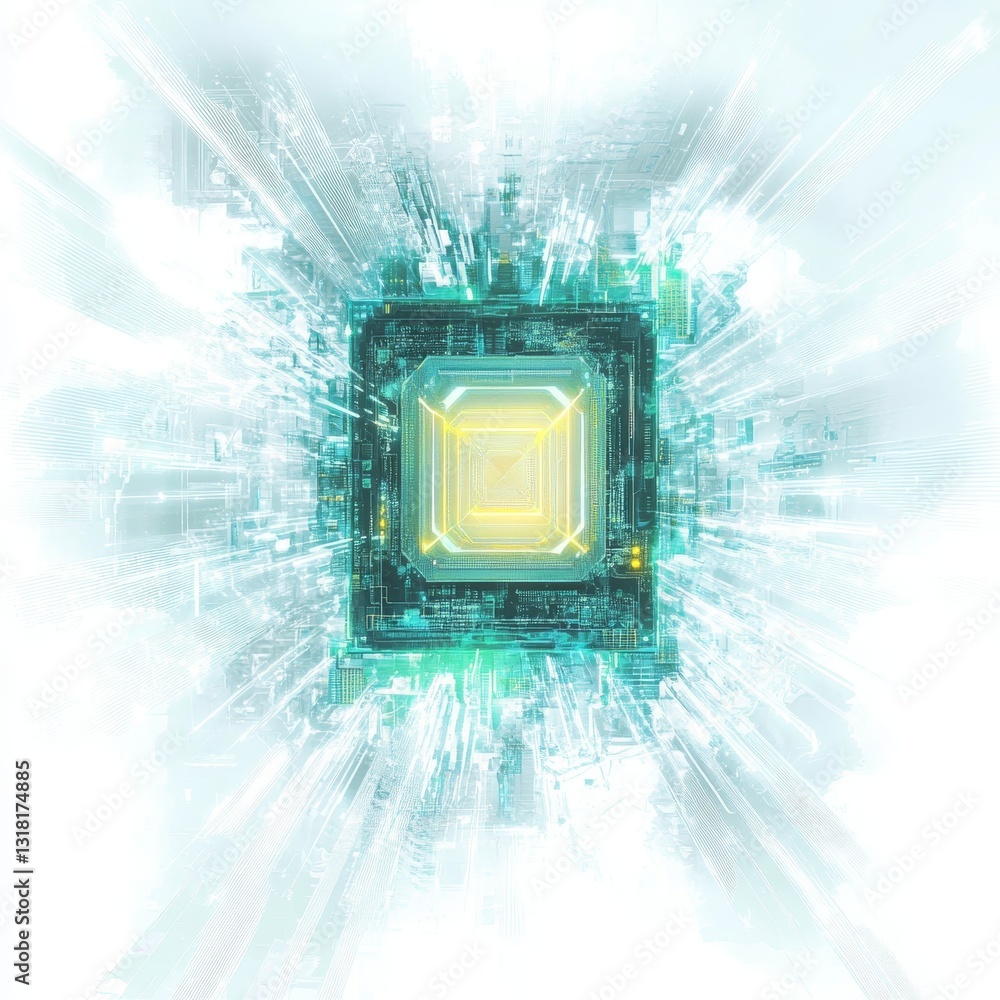 Poster this image showcases a futuristic microchip amidst a burst of digital circuitry. it represents advan