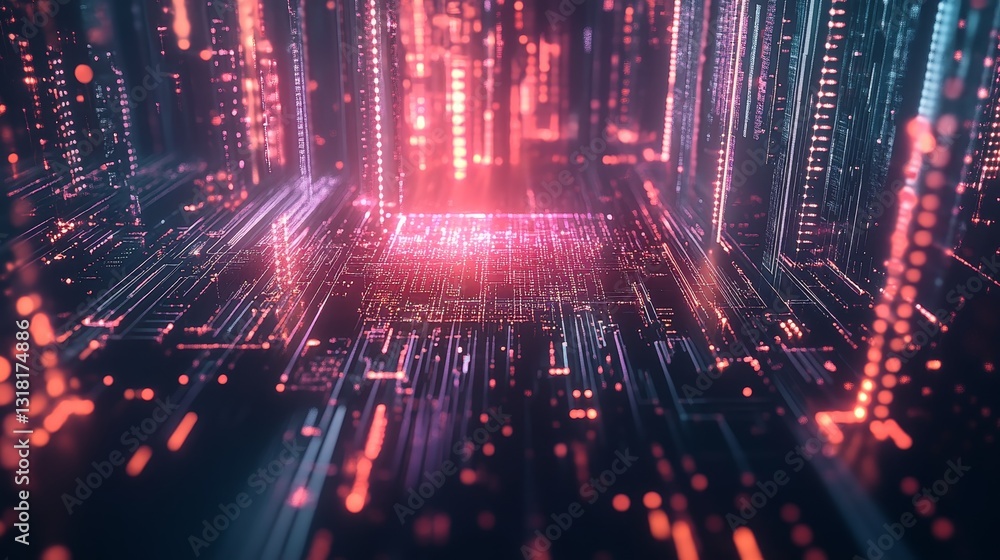Poster immerse in a vibrant futuristic digital landscape featuring glowing neon patterns and data flows. pe