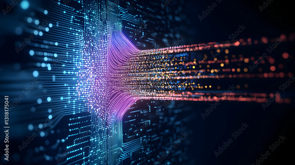 Poster a vibrant stream of data flowing from a glowing circuit board depicting digital information transfer