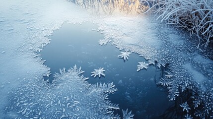 Frozen water edge with delicate snowflake crystal formations displayed close up