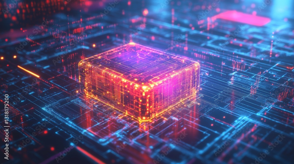Poster a vibrant futuristic microchip design, illuminated with glowing circuit patterns and colors, represe