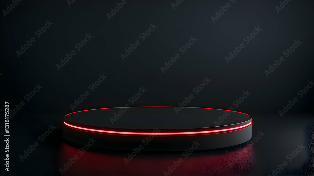 Poster black round podium with red illuminated edge on dark background showing product stage for presentati