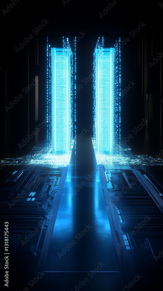 Poster this stunning image features two futuristic towers emitting a captivating blue light. the digital ae
