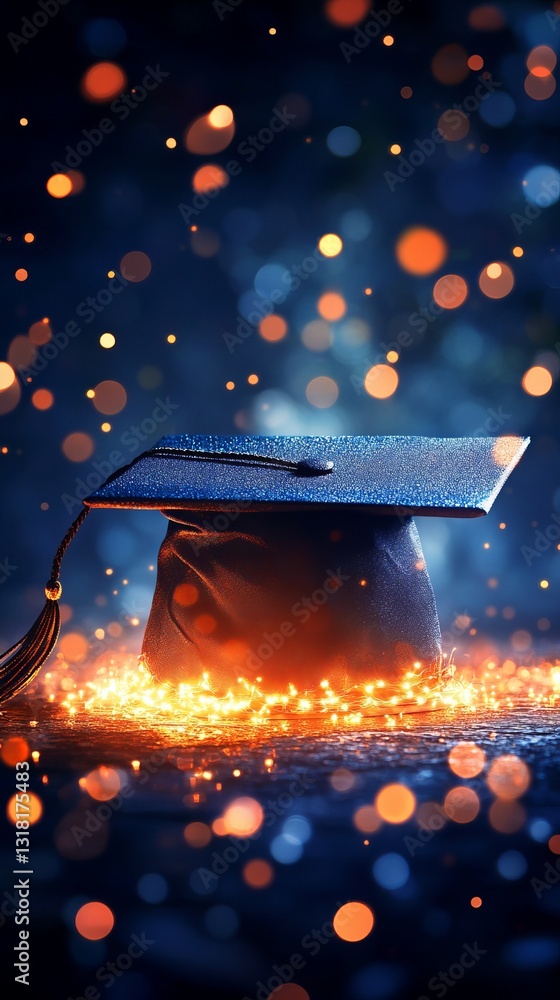 Poster a graduation cap is on a table with a lot of sparkles. the sparkles are coming from a light source b