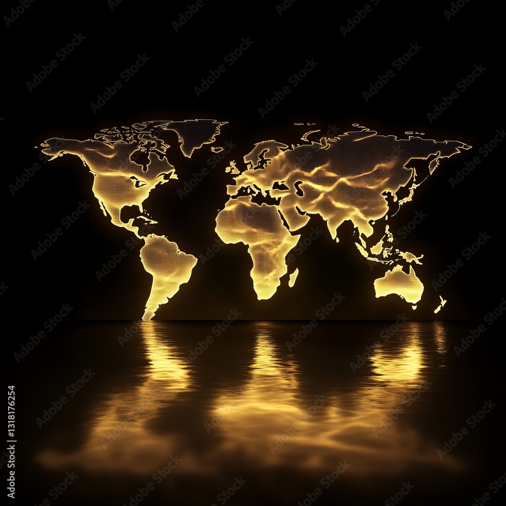Poster glowing digital world map reflecting on surface - futuristic global technology visualization