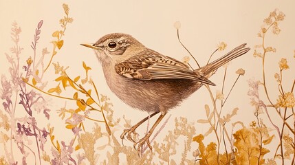 A delicate small bird perched amidst wildflowers