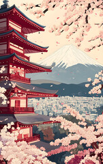 Fototapeta premium Japanese style background, A famous place in Japan with Chureito Pagoda and Mount Fuji during the spring