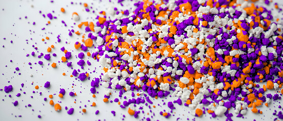 Obraz premium Vibrant Purple Orange And White Sprinkles Scattered On A White Background Studio Shot