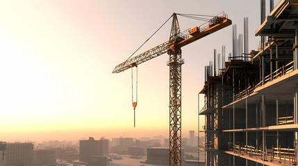 Construction Site At Sunset With Crane And Unfinished Building In Urban Cityscape With Warm Golden Light
