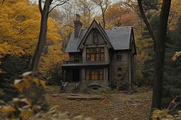 An abandoned gothic house nestled among vibrant autumn trees, offering a serene atmosphere and a touch of mystery. The perfect setting for storytelling.
