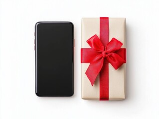 A smartphone next to a beautifully wrapped gift box with a red ribbon, symbolizing celebration and giving.