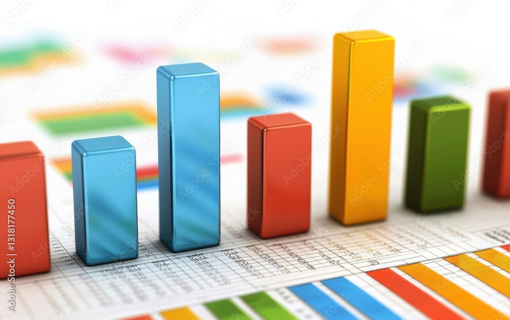 Poster a colorful bar chart representing data trends, with various heights illustrating comparisons across 