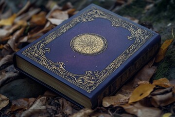 Fototapeta premium A book with gold embossing and a blue cover sits on a pile of leaves