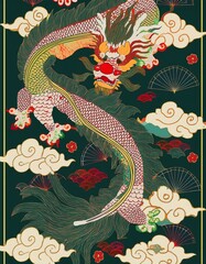 The dragons are rendered in vibrant colors, primarily red,  green and gold, with intricate details highlighting their scales, claws, and flowing manes. They are positioned diagonally across the image.