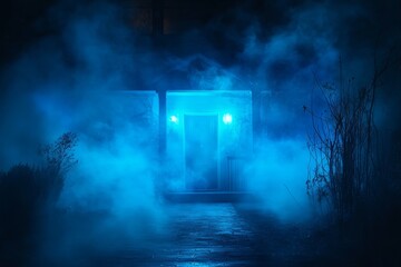 An eerie house shrouded in thick fog at night emits a haunting blue glow, creating a mysterious atmosphere perfect for storytelling or horror themes.