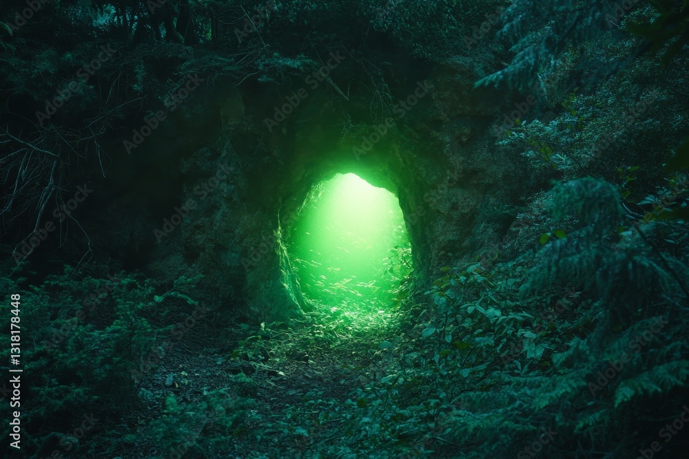 Poster a green cave with a light shining through it. the cave is surrounded by trees and leaves. the light 