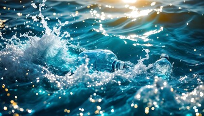A plastic bottle is seen floating in the ocean, representing pollution awareness on World Environment Day with a tranquil backdrop
