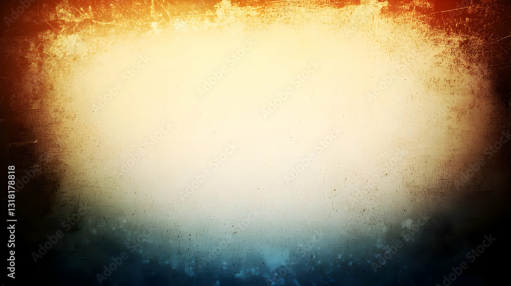 Poster abstract textured background with a vignette of orange yellow and blue gradient with specks and grai