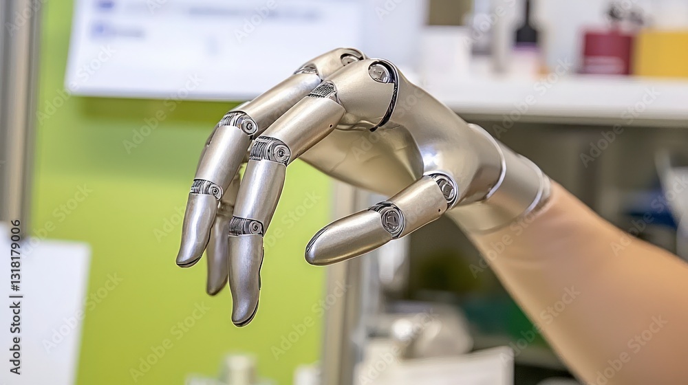 Poster futuristic robotic arm advanced technology precision quality control automation manuf