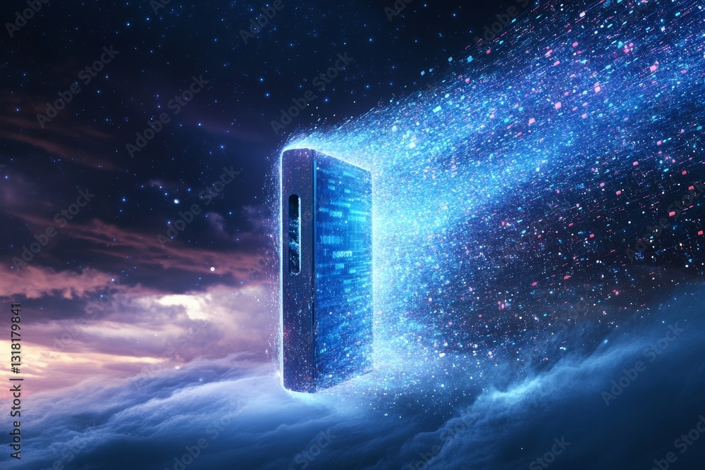 Poster a futuristic portable device floats amidst colorful digital particles, creating a stunning visual in